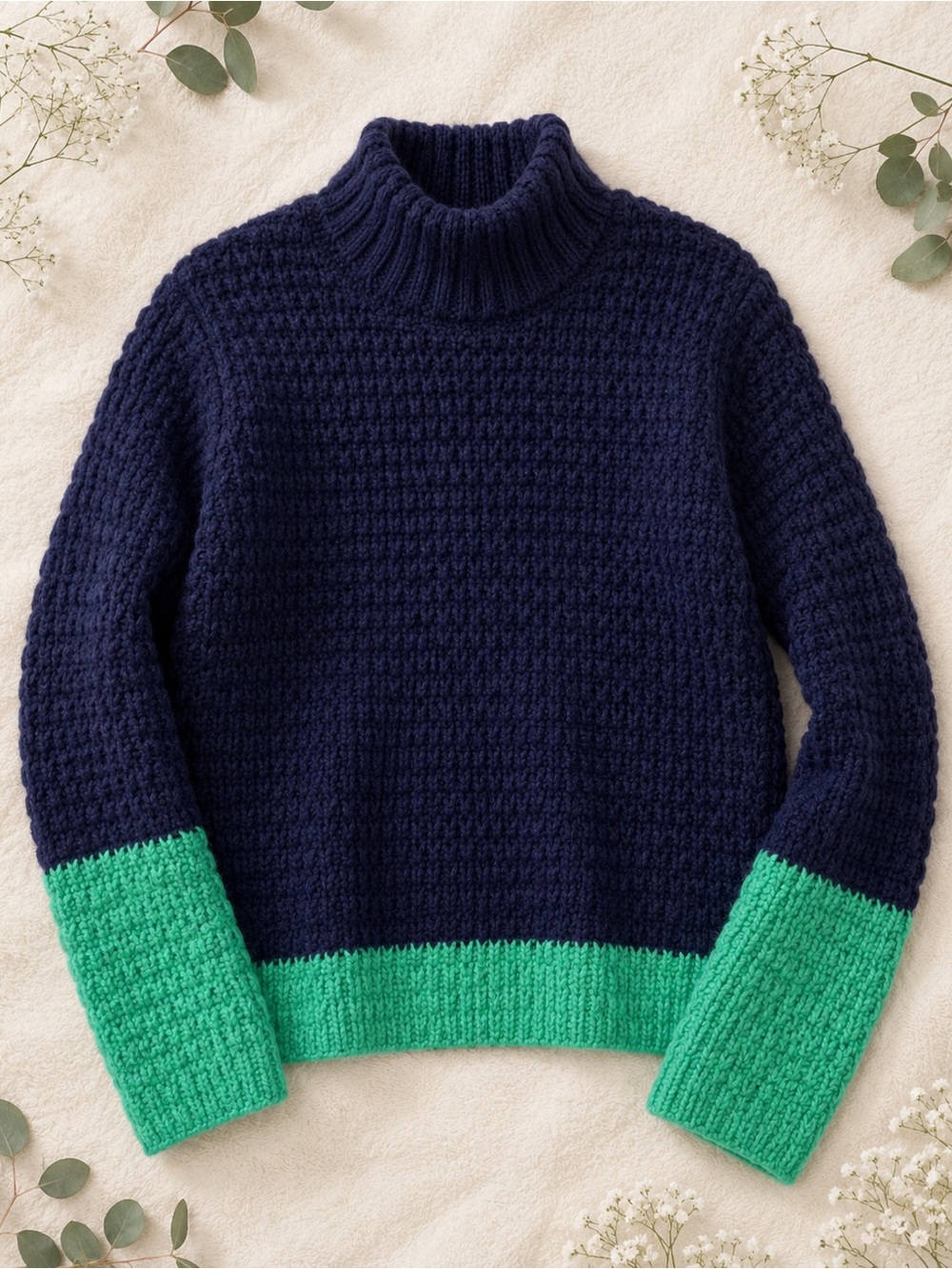 On Twelfth Navy Green Colorblock Chunky Knit Turtleneck Sweater XL